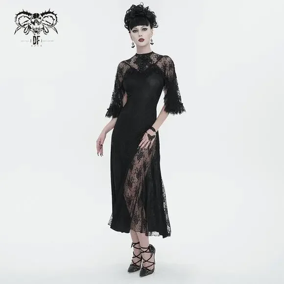 Devil Fashion Gothic Victorian 1930s 'Birds of a Feather' Lace Maxi Gown Dress - Picture 12 of 16